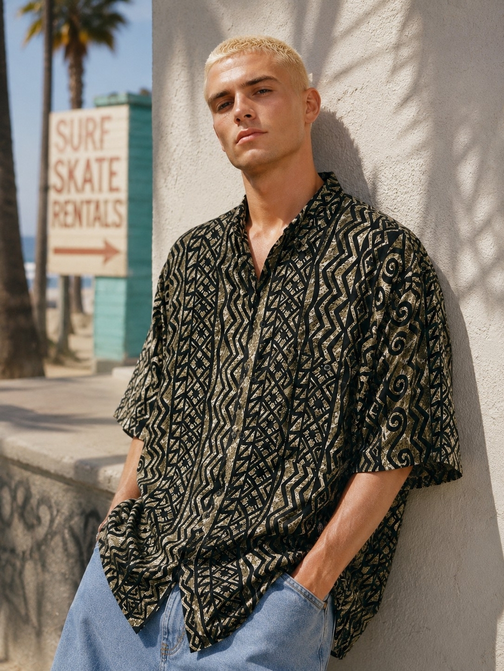 VTG 90s Impact Men's 100% Rayon Tribal Geometric Print Hawaiian Button Up MED